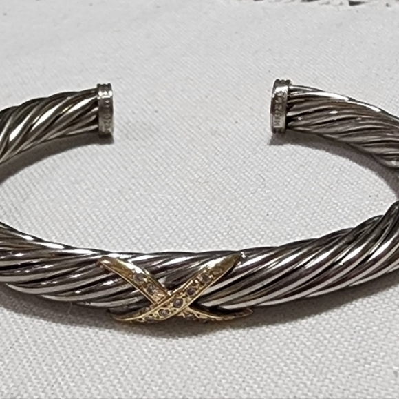 Sterling and 14K gold and diamond "X" Cable Twist cuff bracelet - Picture 11 of 12